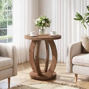 LITTLE TREE End Table, Round Side Table with Storage, Farmhouse Nightstand Bedside with Round Tabletop, Accent End Table for Living Room Bedroom Small Space, Wooden Accent Furniture