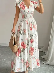 Summer Elegant Women's Short Sleeve Long Floral Print Dress, Stylish Casual Wear, Perfect for Parties and Daily