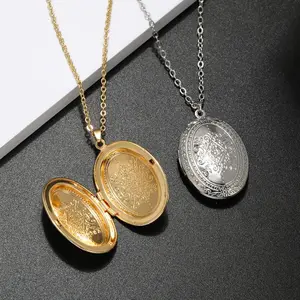 Romantic Vintage Oval Carved Flower Openable Photo Locket Pendant Necklace, Chain Jewelry Necklaces for Women, Wedding Costume Accessories