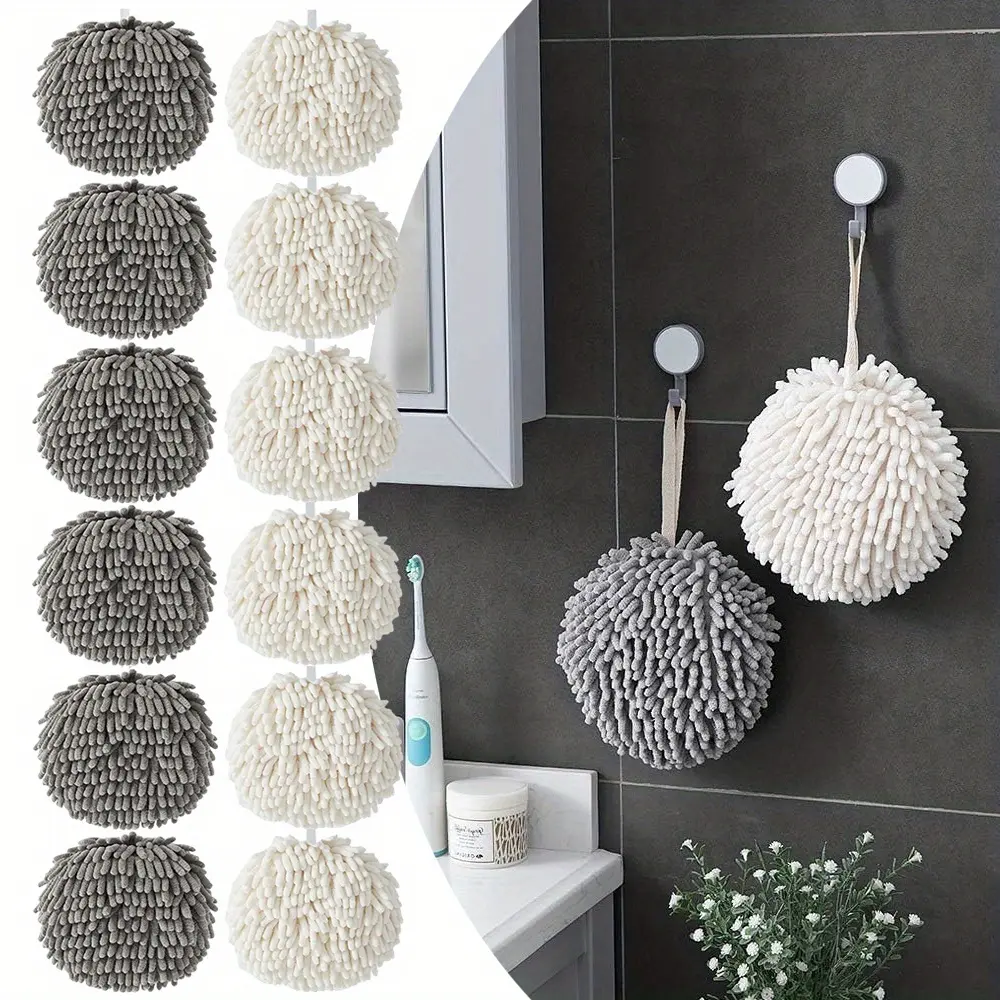 6/ 12Pack Chenille Hand Towel Balls Modern Solid Round Non-woven Chenille Fingertip Towels Super Soft Quick Dry Ball Hand Towels High Absorbency Hand Wipe Balls for Kitchen Bathroom
