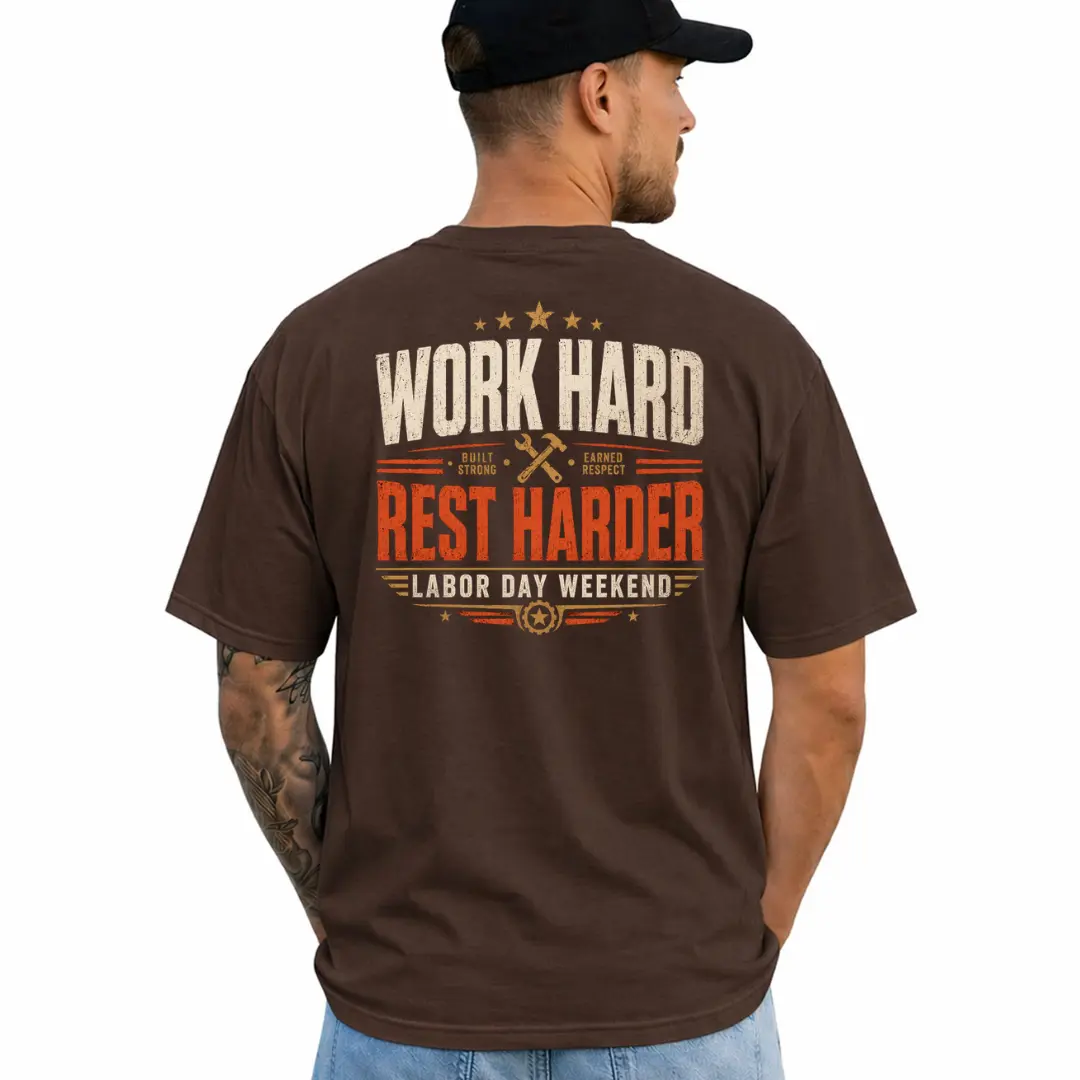 Work Hard Rest Harder Graphic T-Shirt, Short Sleeve Printed Graphic Shirt, Daily Casual Cotton Menswear