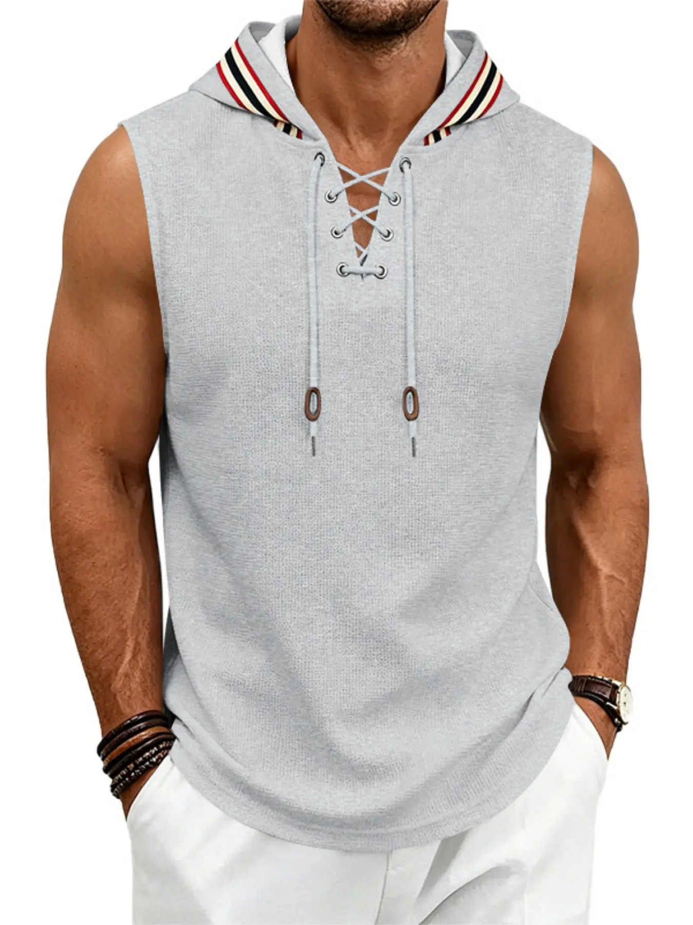 Men's Summer Cross-Border New Arrival, Casual Loose Drawstring Hooded Sleeveless Waffle Sport Vest, Comfortable and Stylish