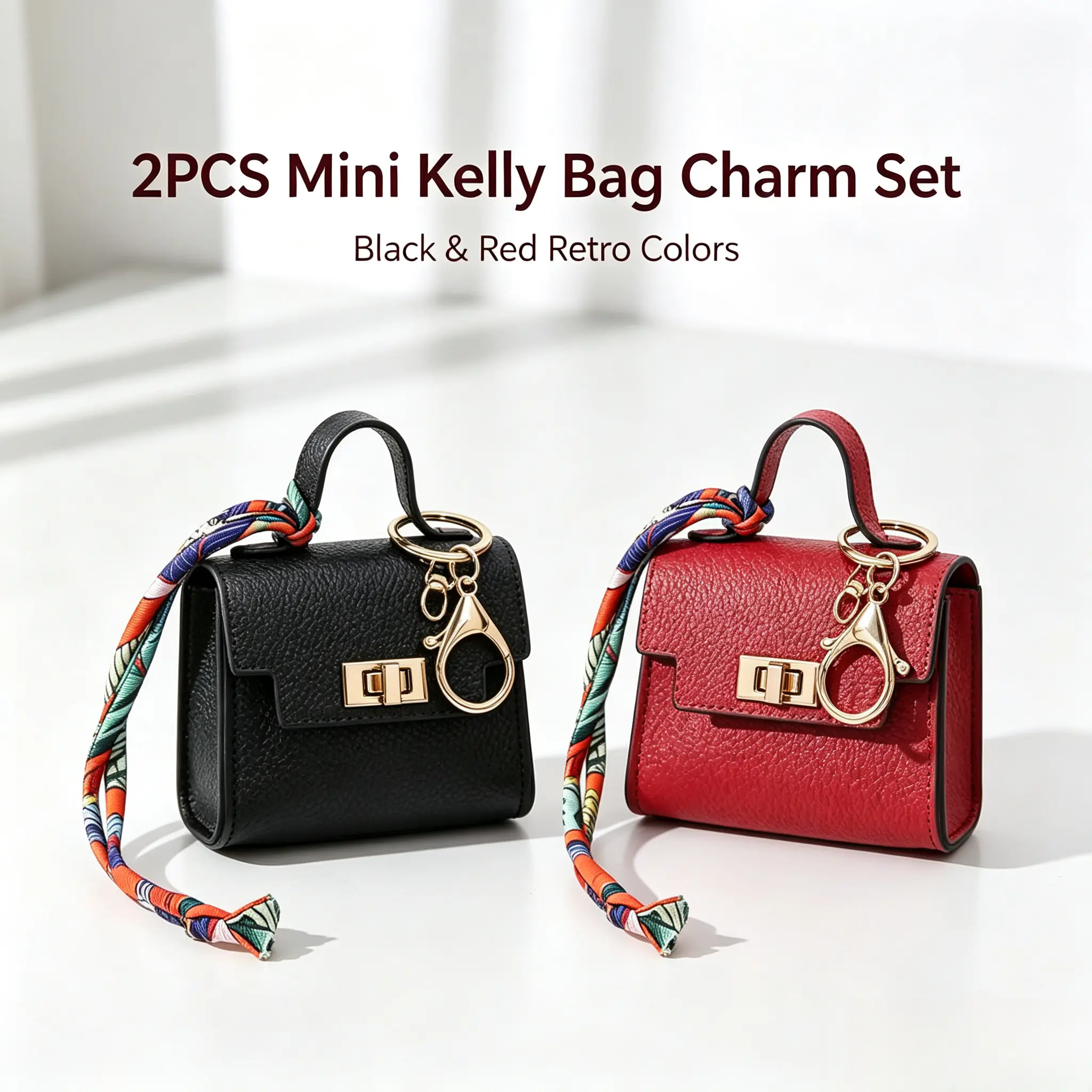 2-Piece Leather Keychain Accessories, Minimalist Gingham Mini Bag Charm for Women, Elegant Purse Pouch in Pink & Lavender, Gift for Her, Leather Keychains, Keeps Coins Sorted, Mini Charm Set, Key Storage, Birthday, 2.95 Inches * 3.15 Inches