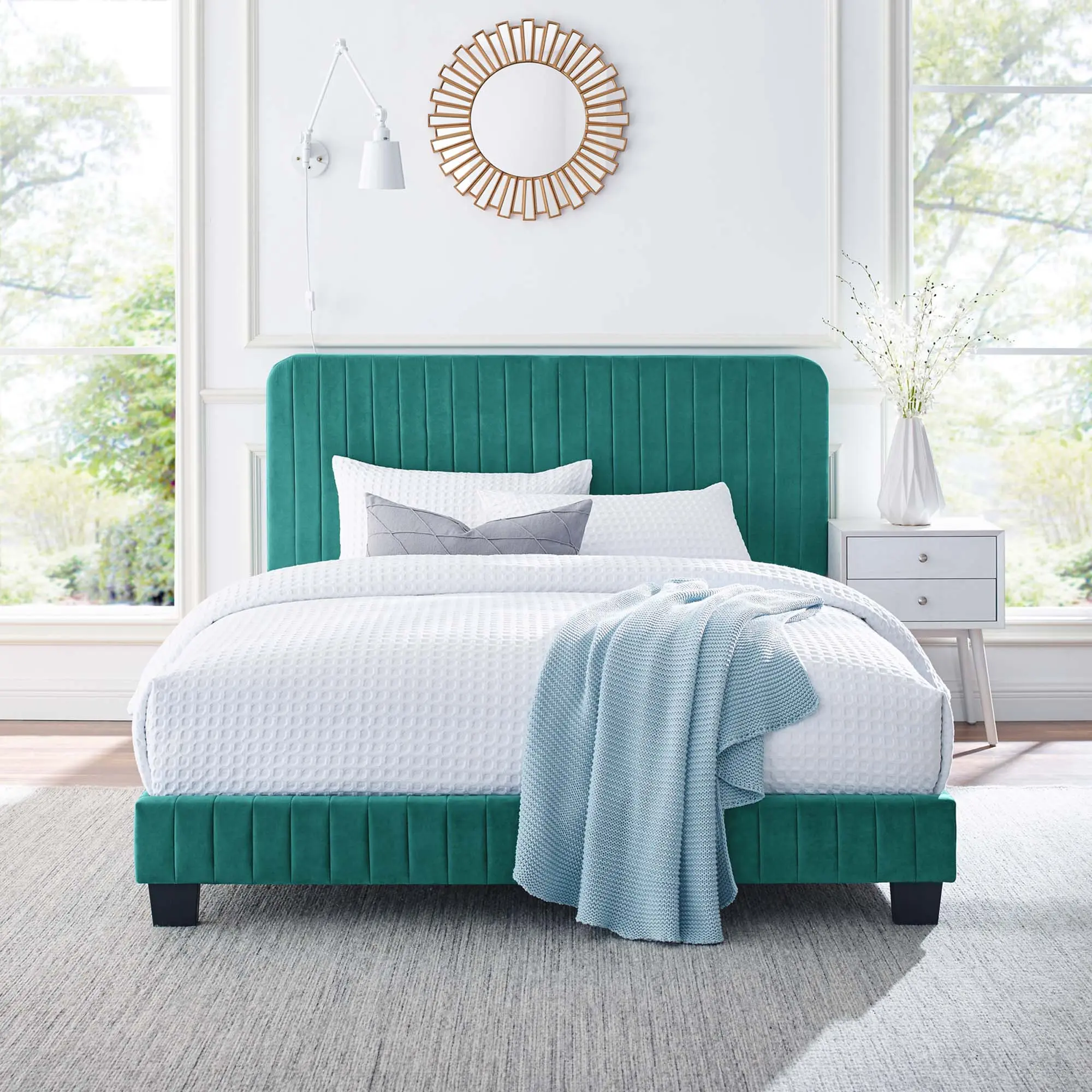 Modway Celine Tufted Upholstered Bed - Channel-Tufted Performance Velvet Upholstered Platform Bedframe, King Size, Teal