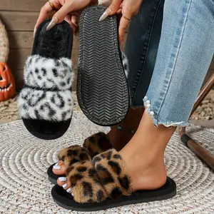 Double Strap Fuzzy Leopard Slides - Cozy Fluffy House Slippers for Women | Non-Slip Indoor Outdoor Shoes