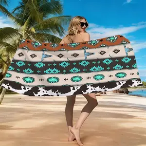 Western Ethnic Cow Print Patchwork Beach Towel Blends Aztec Totems, Turquoise Retro Patterns For Vintage Vibes. Quick-Dry, Quick Drying Absorbent, Breathable Fabric Suits Beach, Pool, Or Picnic. Hd Digital Print Keeps Colors Vivid And Patterns Lively