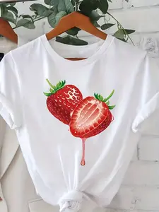 Fruit-Patterned Printed T-Shirt, Short-Sleeved Round Neck Casual Top, Spring And Summer Women'S Clothing