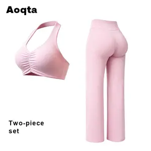Aoqta Halter Ruched Yoga Set, Women's V-Neck Sports Bra & High Waist Wide Leg Pants, Breathable Workout Outfit for Gym, Yoga & Daily Wear, 6 Colors Available