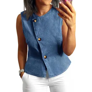 Tankaneo Women Denim Vest Tops Button Down Sleeveless Fitted Jean Tank Tops Trendy Casual Waistcoats