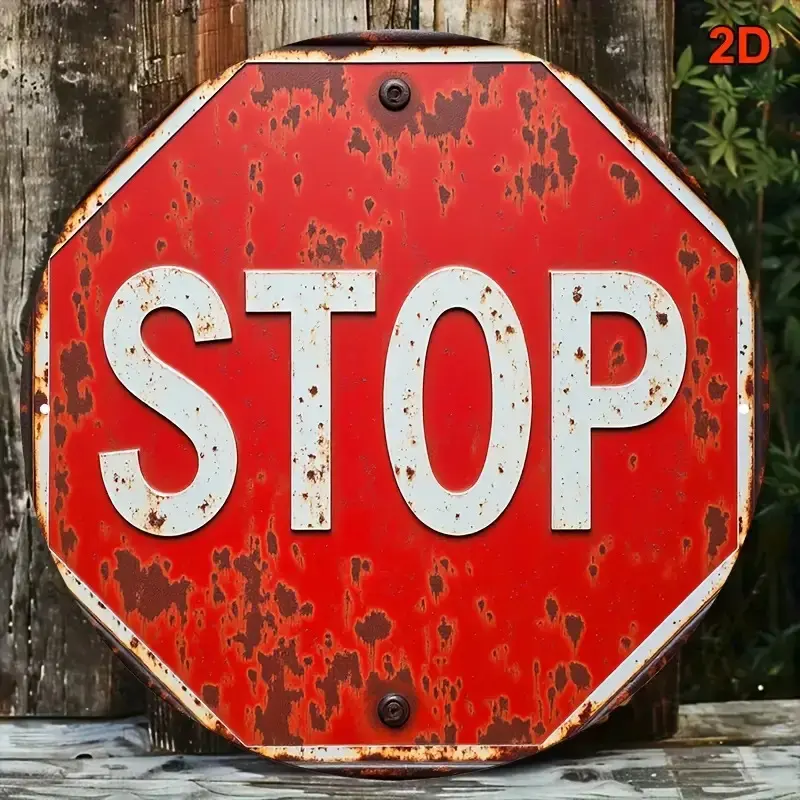 1PC 2D Plane Retro Style 20.32x 20.32cm Round Iron Stop Sign Wall Decor - Vintage Metal Sign, Red and White Traffic Sign with Weathered Surface, Vintage Garage Signs Suitable for Bars, Coffee Shops, American Themed Restaurants, Retro Home Decor
