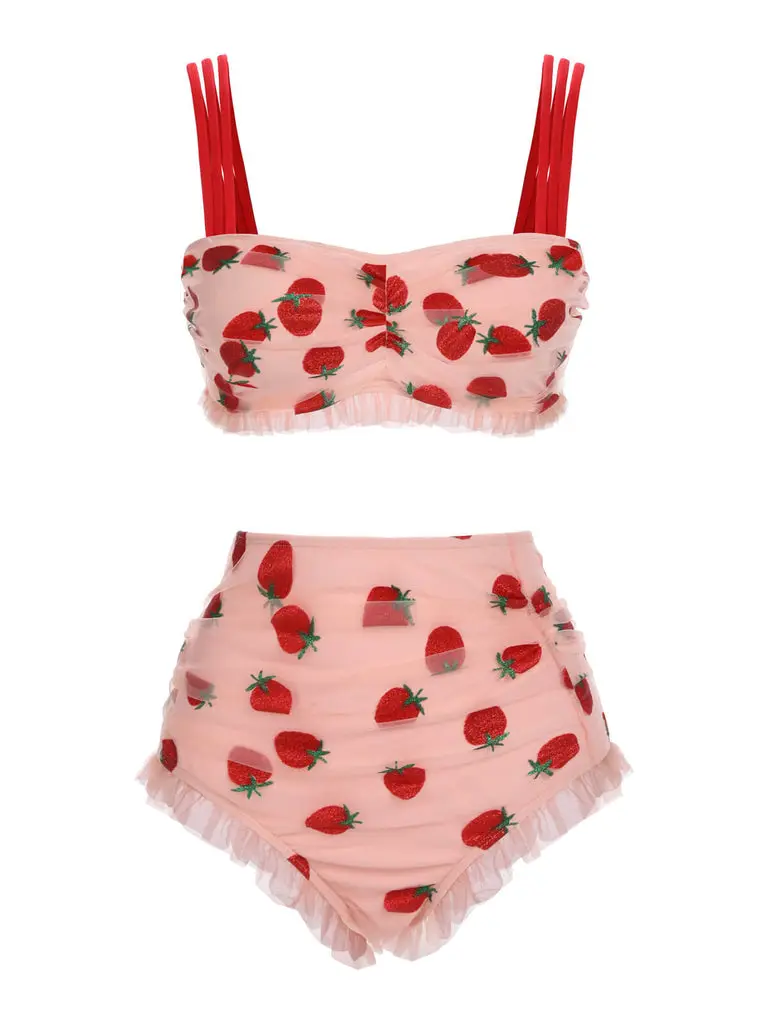 RETRO STAGE Women's Curvy Plus Size 1950s Strawberry Print Stretch Halter Tankini Bikini Swimsuit Set, 2-Piece Lace High-Rise Bottoms Curvy Clothing Swimsuit for Women, Bathing Suit, Plus Size Swimsuits tiktokshopbacktoschool
