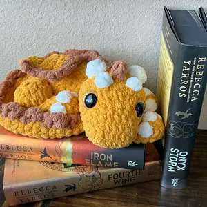 Gold Book Nook Dragon - Soft Plush Handmade Crochet Navy Blue Dragon 10x6 Inches for Bookshelves & Decor