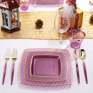 150PCS Deluxe Purple Square Disposable Dinnerware Set - Includes Dinner Plates, Dessert Plates, Cups, Forks, Knives, Spoons for Wedding, Party, and Celebration - Durable, Reusable, and Convenient