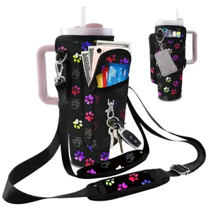 40 oz Tumbler Carrier with Strap Water Bottle Holdeand 30oz Tumbler Carrier with Strap Bottle Holder Dog Paw Stanley Cup Purse Accessories for Hiking Travelling Camping 3 Pockets to Hold More