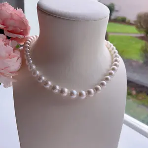 Piswency Genuine Freshwater Pearl Necklace, 9-11mm Graduated Round Pearl Strand, 925 Sterling Silver Mother's Day Gift