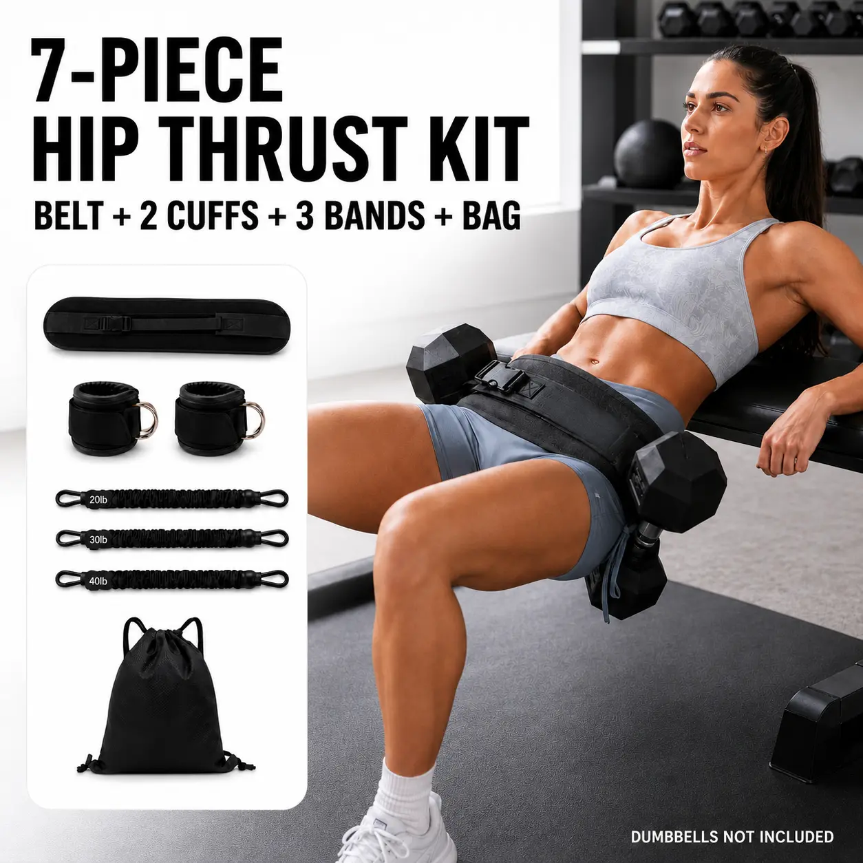 7-Piece Hip Thrust Belt Kit - Butt Workout Equipment with 20/30/40 lb Resistance Bands, Padded Dumbbell Belt, Ankle Cuffs, Carry Bag for Lower Body Workout | Fitness Exercise Accessories, Gym Training Equipment