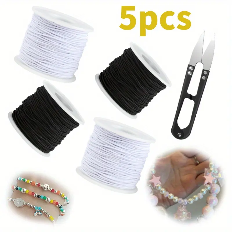 Stretchy Braided Rubber Cord Jewelry Making Supplies - 4 Rolls of 1mm Sturdy Nylon Beading Thread with Soft Braid Stretch, Long-Lasting Elasticity, Easy Cut & Tie for Beaded Bracelets, Hair Ties, Party Hat Straps, Flexible