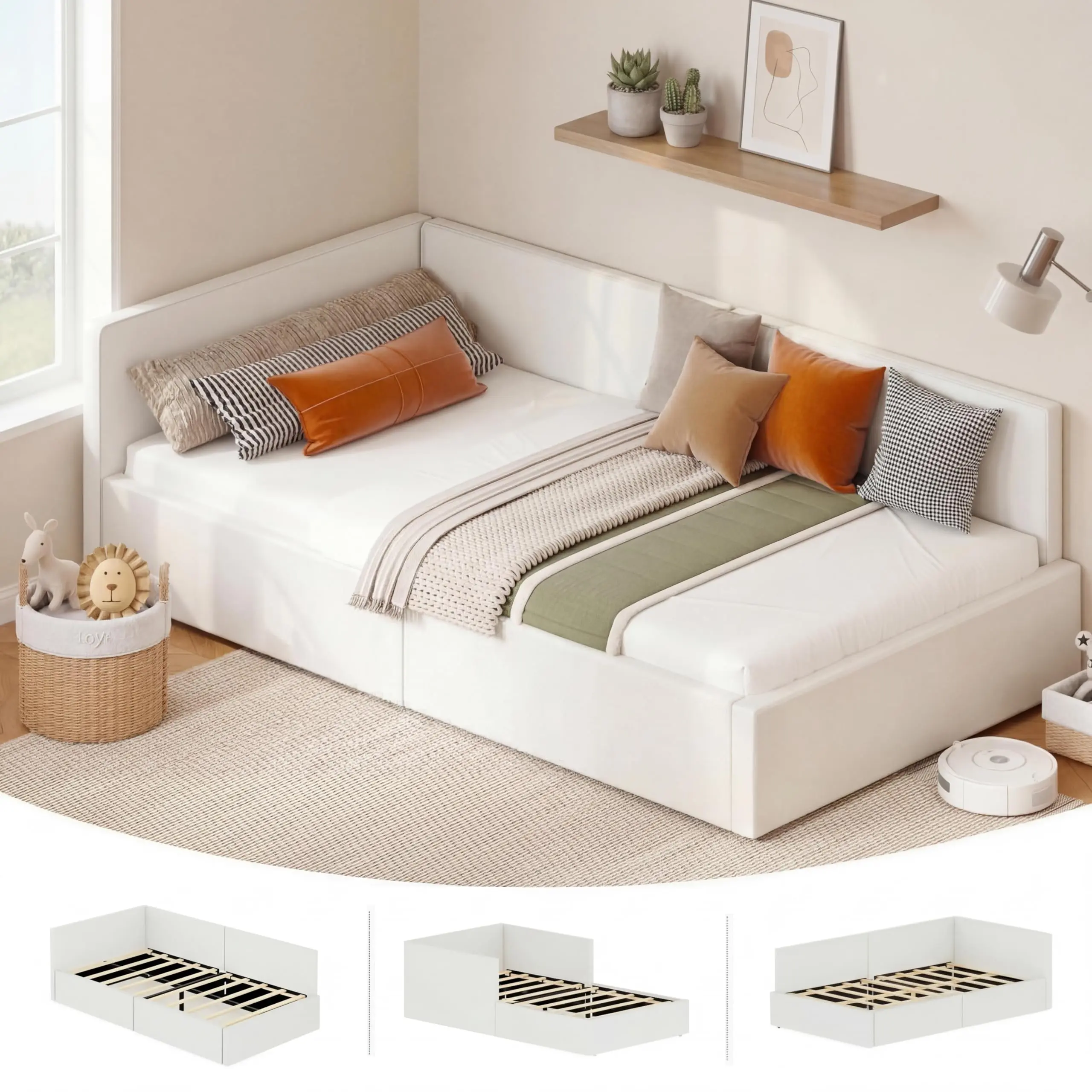 Garvee Twin Daybed with Headboard, Corner Bed Frame with Bed Rails, Velvet Upholstered Sofa Bed with Guardrail for Bedroom, Guest Room, Adjustable Installation, Wooden Slats Support, Beige