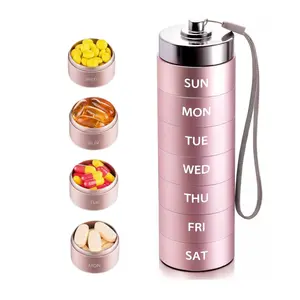 Anti-Tip Base Metal Travel Pill Organizer, Portable 7-Day/4-Times Vitamin Organizer Stackable,Waterproof Aluminum Alloy Weekly Pill Box,  Large Compartment Pill Container forVitamin, Medicine, Fish Oil, Supplements