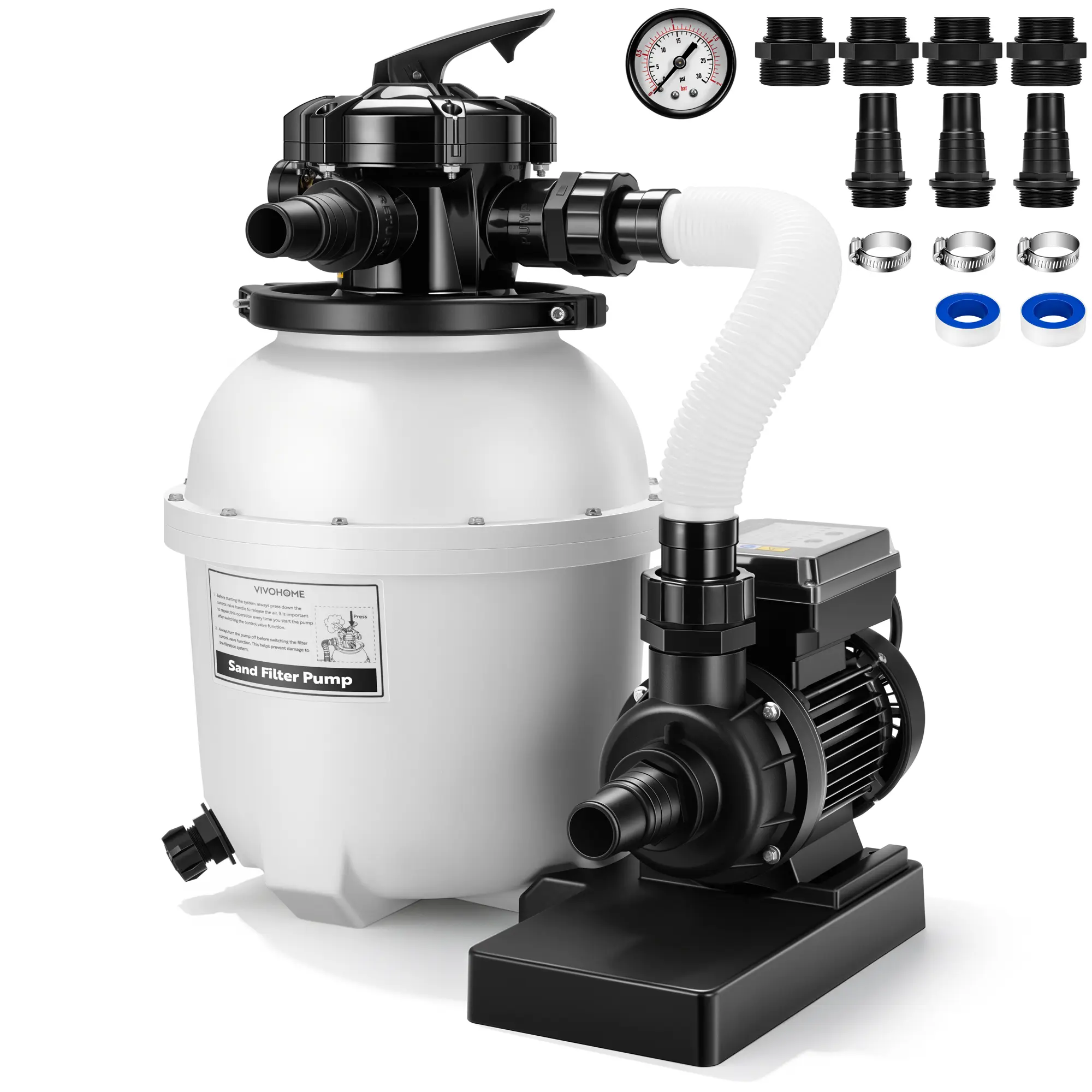 VIVOHOME 12 in Sand Filter Pump for Above Ground Pool, 0.4 HP 3168 GPH, Swimming Pool Filter System with 24H Timer & 6-Way Valve, High-Efficiency Filtration for Pools Up to 11,000 Gallons