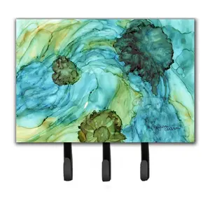 212 MAIN Abstract Teal Flowers Leash & Key Holder, 6x2x9 Inches Metal Hook Hanger, Home Decor, Wall-Mounted Organizer for Entryway