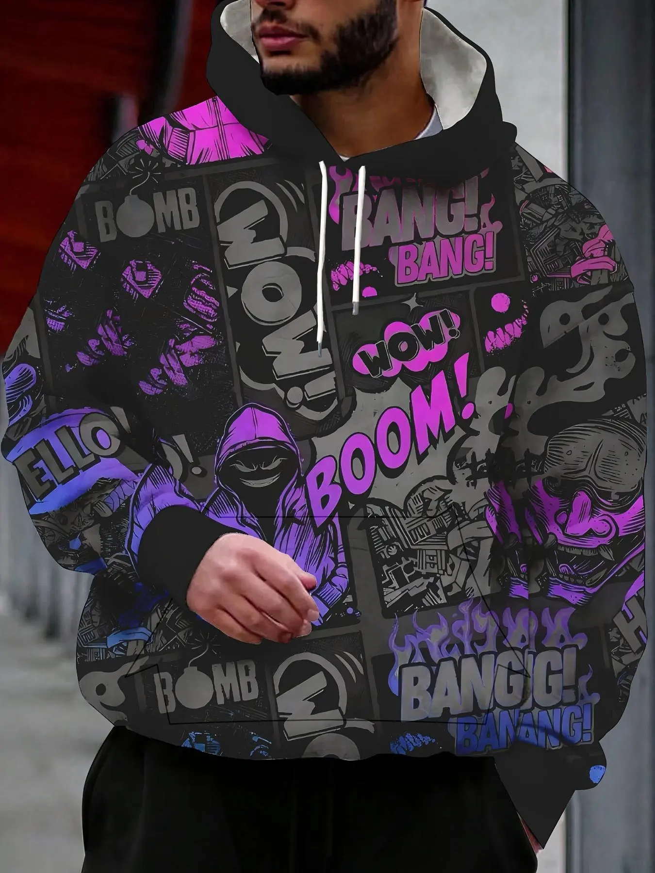 Purple-gray comic graffiti printed long sleeve hoodie, street-style cool hip-hop casual look, Streetwear, Street Fashion Hoodie, Aesthetic, Menswear
