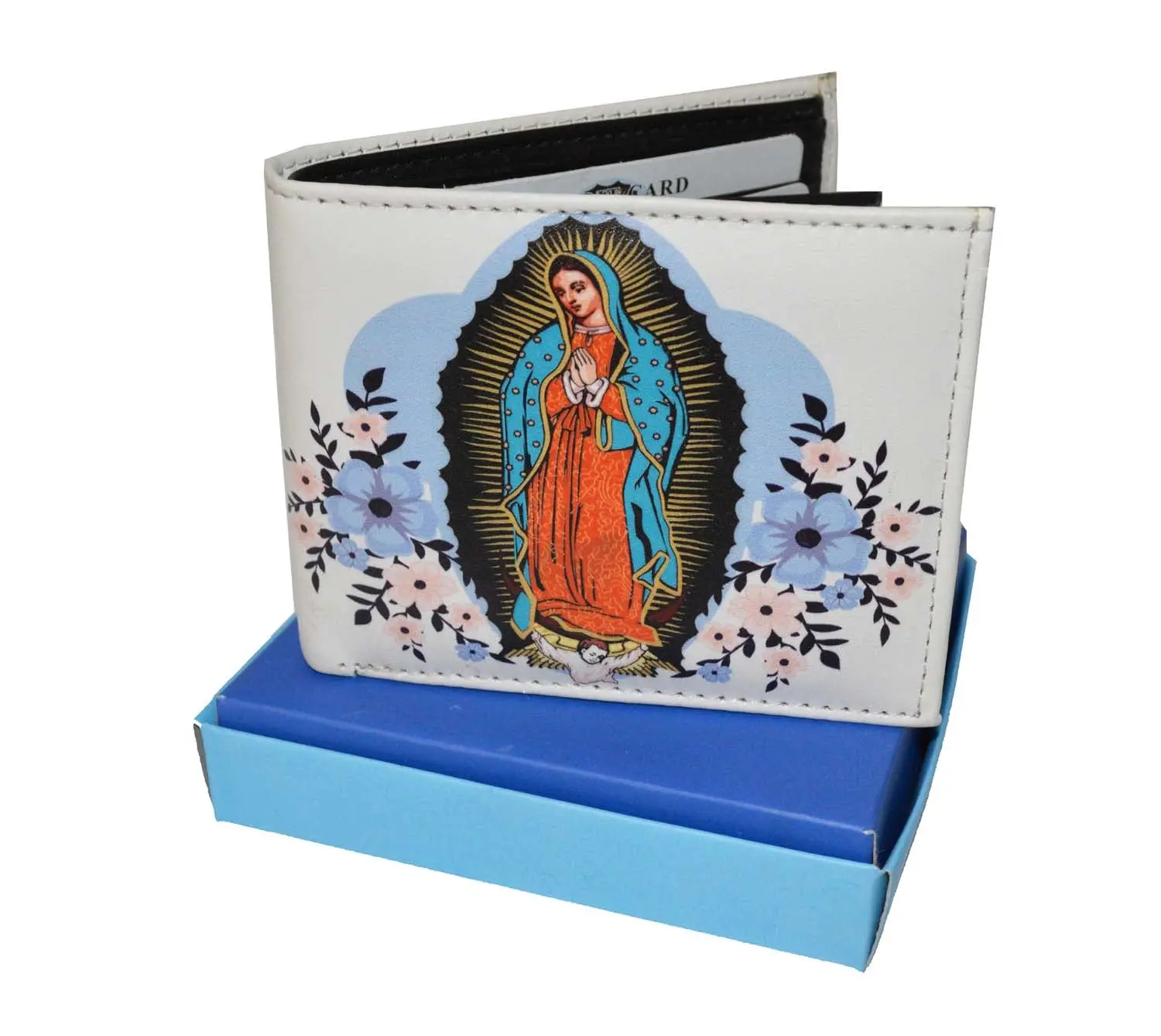 LEATHERBOSS Men's Bifold Wallet - Virgin Mary Faith Art Detail, 2 Cash Pockets, Leather Construction, Matching Printed Gift Box, Men's Gifting Option, Mens Wallet, Everyday Carry, Fashionable Wallet, Gifts For Him