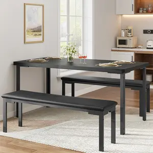 Space-Saving 3-Piece Dining Table Set for 4 – Kitchen Table with 2 Upholstered Benches – Rectangular Wood Breakfast Nook for Small Spaces, Dining Room, Apartment