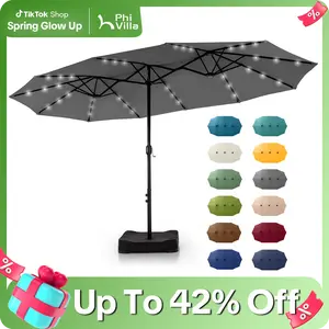 [3 Solar Panels] PHI VILLA 15ft Extra Large Double-Sided Patio Umbrella with Base & LED Lights - Large Steel Frame, UV Protection, Metal Base Included, Useful Crank