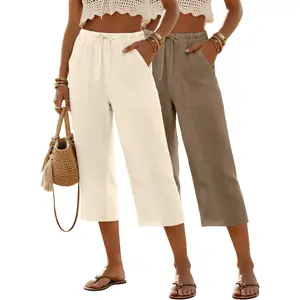 2 Pack Women's Linen Capri Pants Summer Drawstring Wide Leg Crop Pants Ladies Lightweight Beach Trousers with Pocket