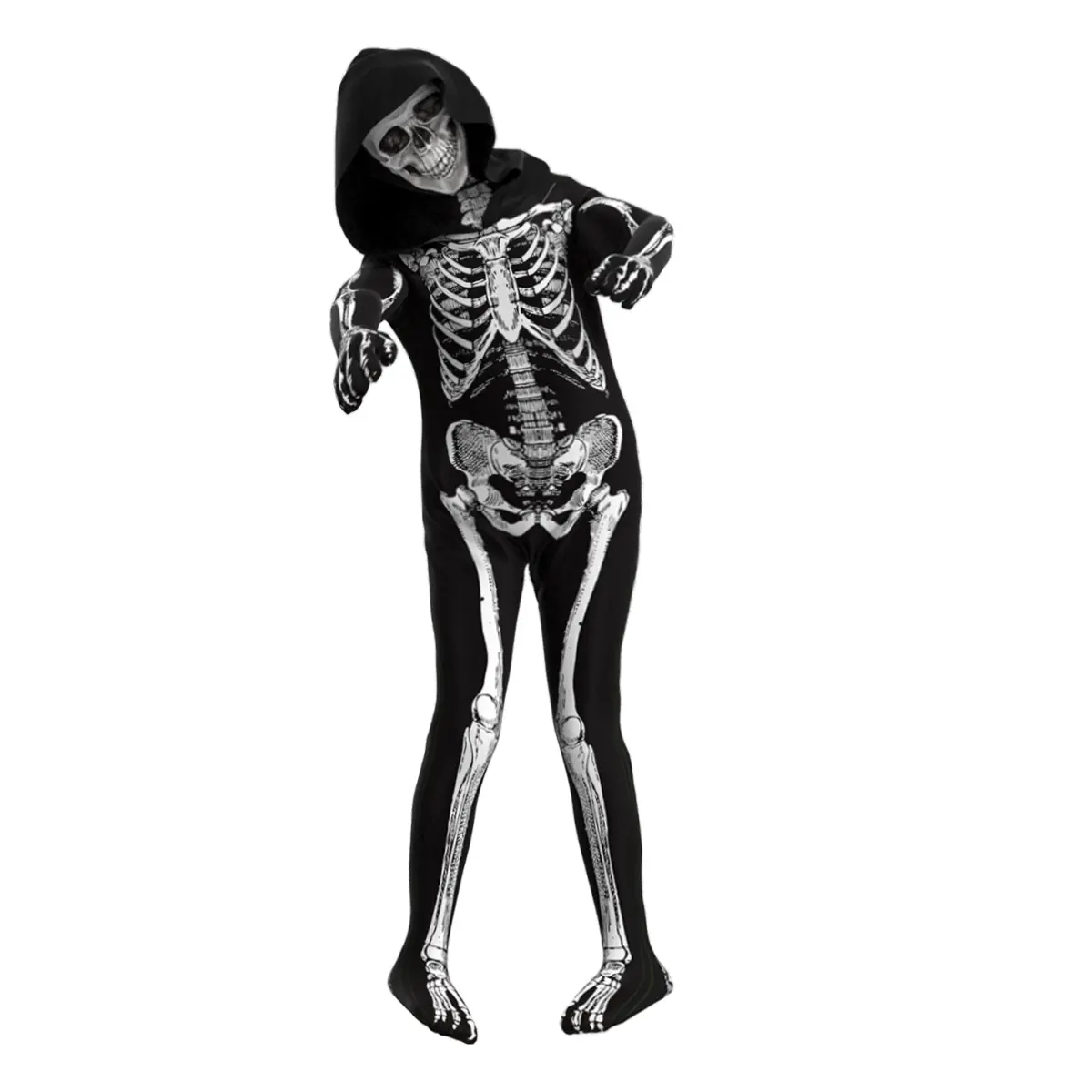 Men's Halloween Full Body Skeleton Jumpsuit - Long Sleeve Black Hooded Clothes with Realistic White Bone Design, Party Costume Accessories & Mask, Fabric, Human, Skull, Full Body Suit, Fit, Comfortable, Printed, Polyester, Classic