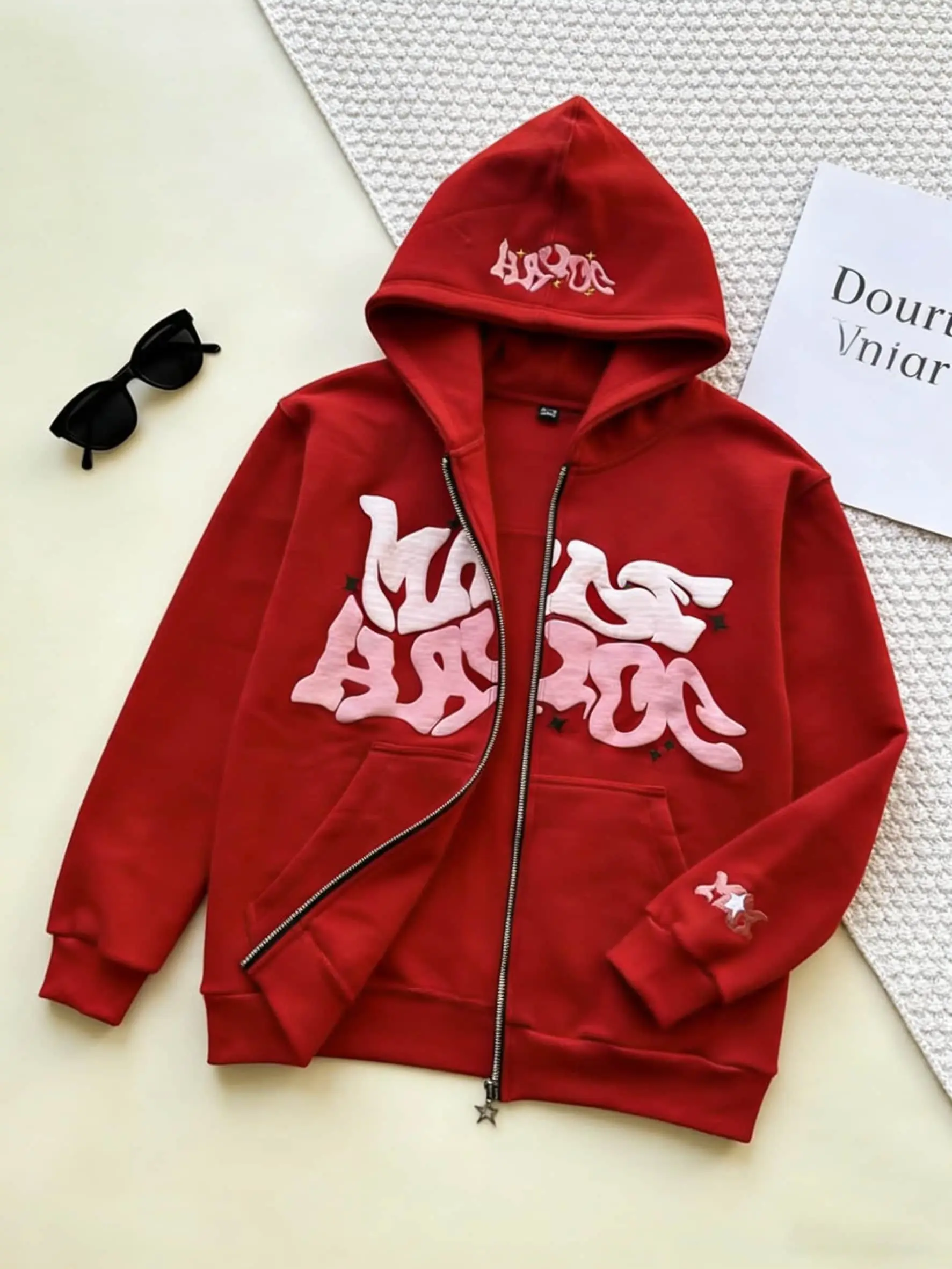 Menswear Casual Fashion Hooded Coat - Unisex Retro Star & Letter Printed Full-Zip Longsleeve Loose Fit Top with Zipper Pockets, Streetwear Harajuku Hip Hop Outerwear for Spring/Fall,m