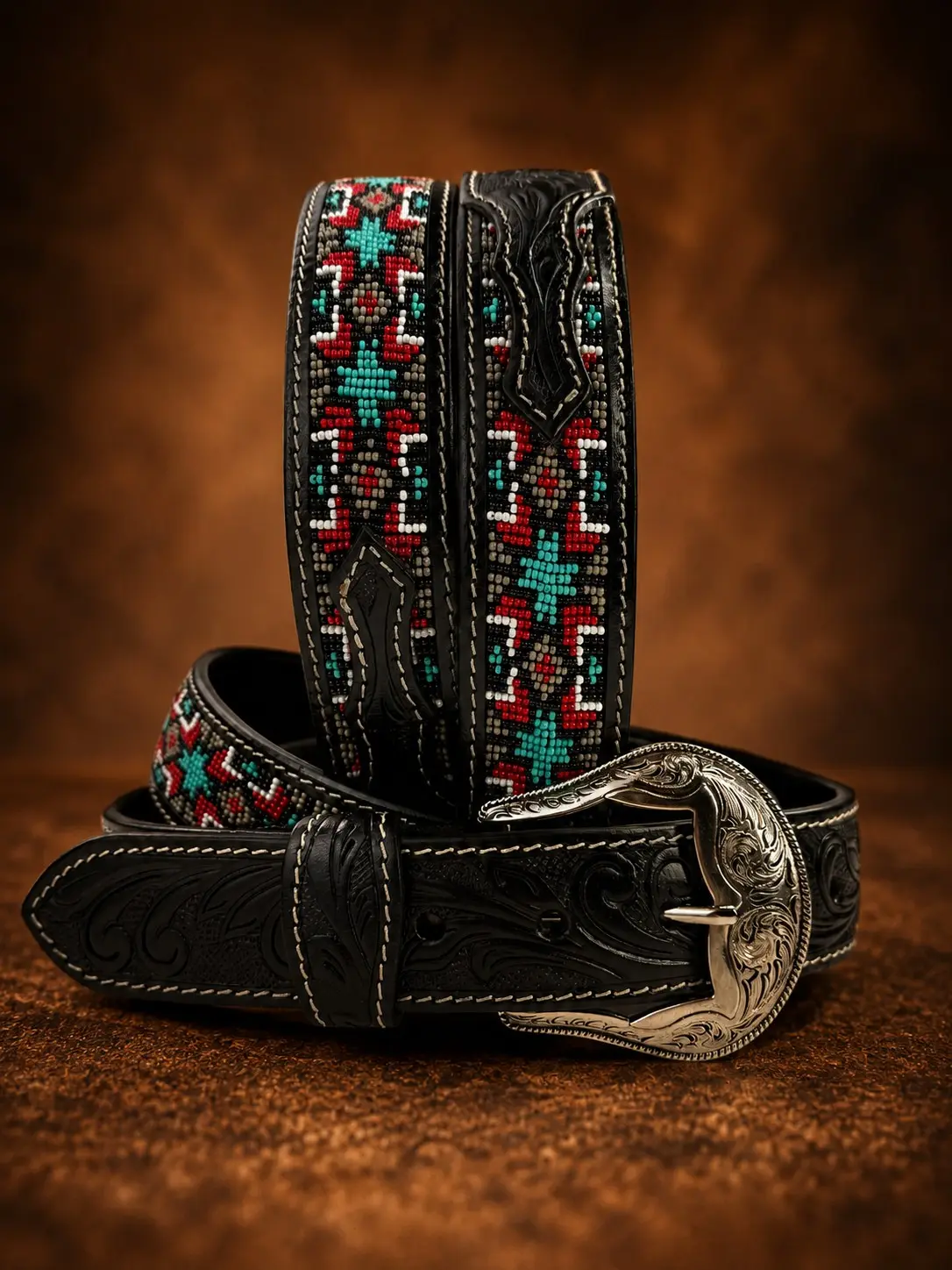 Western Belt for Men Women Full Grain Beaded Leather Cowboy Belt 1.5” Wide With Buckle Handmade Engraved Tooled