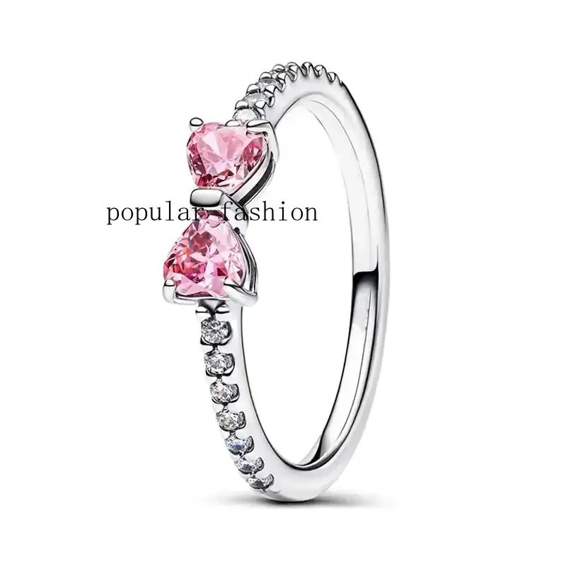 popularFASHION - Original 925 Sterling Silver Red Pink Ring Heart Bow Sun Moon Colorful Crystal For Women Valentine's Birthday Gift DIY Jewelry