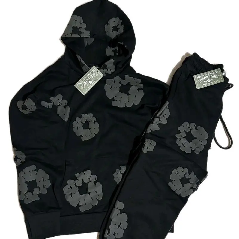 Women's Black Shadow Edition 2-Piece Hooded Athleisure Tracksuit Set - Long Sleeve Hoodie, Printed Sweatpants, Casual Activewear, Off Duty Fit, Two Piece Set