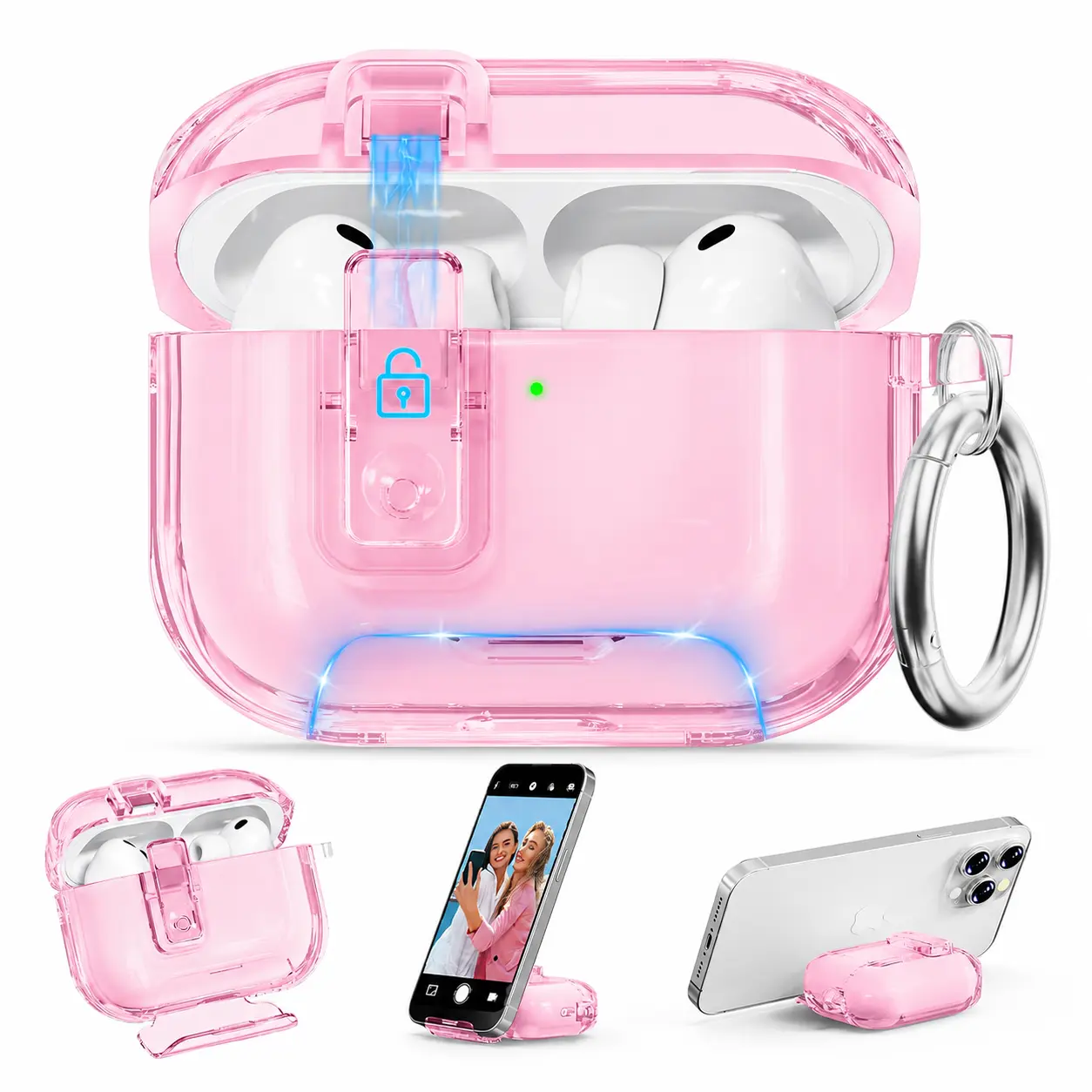 Frosted Clear AirPods Case for AirPods 4 for AirPods Pro 3 / Pro2 / Pro Pop-Up Safety Secure Lock Clip Soft TPU Skin Case Earbuds Earphones Headphones Cover with Phone Stand Semi-Transparent Full Protective Shockproof Anti-Drop Shell Carabiner Keychain