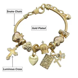 1pc Gold plated cross Snake Chain Bracelet, Man and Women Vintage Minimalist Luminous Cross Bible Heart Angel Crown Adjustable Bracelet, Unisex Design for Men and Women, Adjustable Bracelet