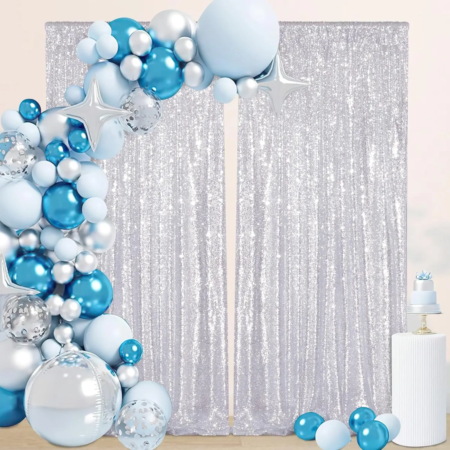 2Pcs 4ftx8ft Polyester Silver Sequin Shimmer Wall Backdrop, Wedding Backdrop Fabric for Wedding Stage, Business Events, Photo Background Curtains