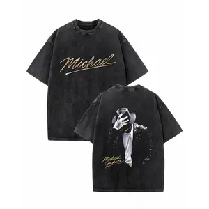 Washed T-shirt,100% cotton, featuring Michael Jackson's iconic signature and classic pose patterns. Suitable for summer streetwear. Retro street style. #Michael Jackson# #Jafar Jackson# #Biography Film# #Musical Legend#