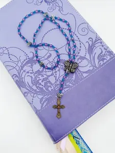 Catholic Rosary, Wendy, Cross Necklace, Prayer Beads, Blue and Pink Beads with Butterfly Centerpiece