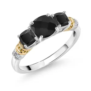 Gem Stone King 3-Stone Ring For Women | Gemstone Birthstone Moissanite and Diamond | 925 Silver 10K Yellow Gold | Cushion Cut 6MM 4MM | Size 5-9
