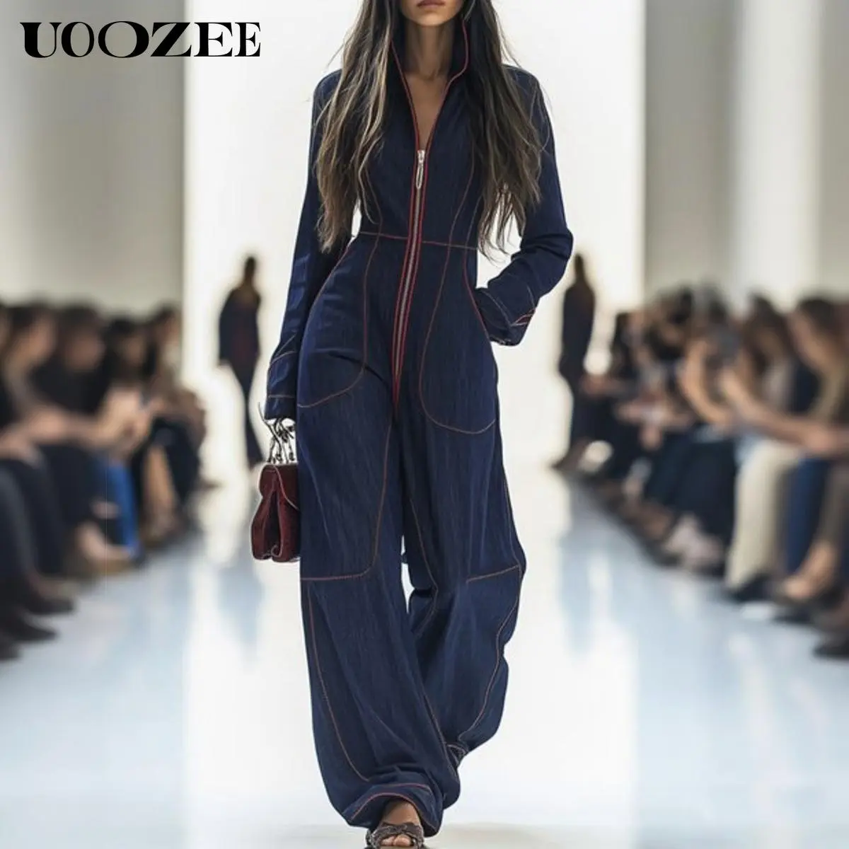 UOOZEE Women's Light Coveralls, Jacket-Style Mock Neck Jumpsuit with Wide Leg Pants & Contrast Stitching in Stretch Rayon, Long Sleeve, Cap, Strappy, Colorblock, Wide Legs, Spandex, Minimalist, Fabric, Pockets, Coverall Suit, Elastane, Relaxed Cut