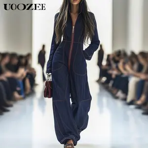 UOOZEE Women's 2026 Minimalist Casual Long-Sleeve Deep Blue Rayon-Spandex Denim Jumpsuits - Red Contrast Stitching, Zippered Wide Leg, Pockets, Loose Jacket-Style Coveralls, Comfortable Breathable Fabric for Spring Brunch, Fall Urban Outings