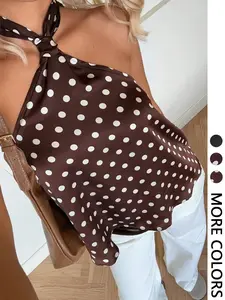 Women's Polka Dot Print Halter Top, Tie Back Closure, Twist Neck Detail, Multiple Color Options, Smooth Breathable Fabric, Casual Daily & Date Night Wear, Retro French Style