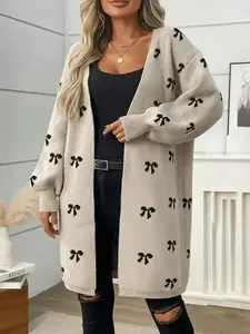 Women's Plus Size Loose Fit Cute Bowknot Casual Cardigan, Perfect for Autumn & Winter