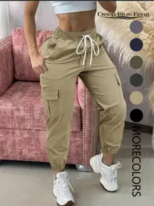 Women's Plain Drawstring-Waist Fit Cargo Pants, Casual Pocket Trousers for Daily Wear, Ladies Bottoms for All Seasons