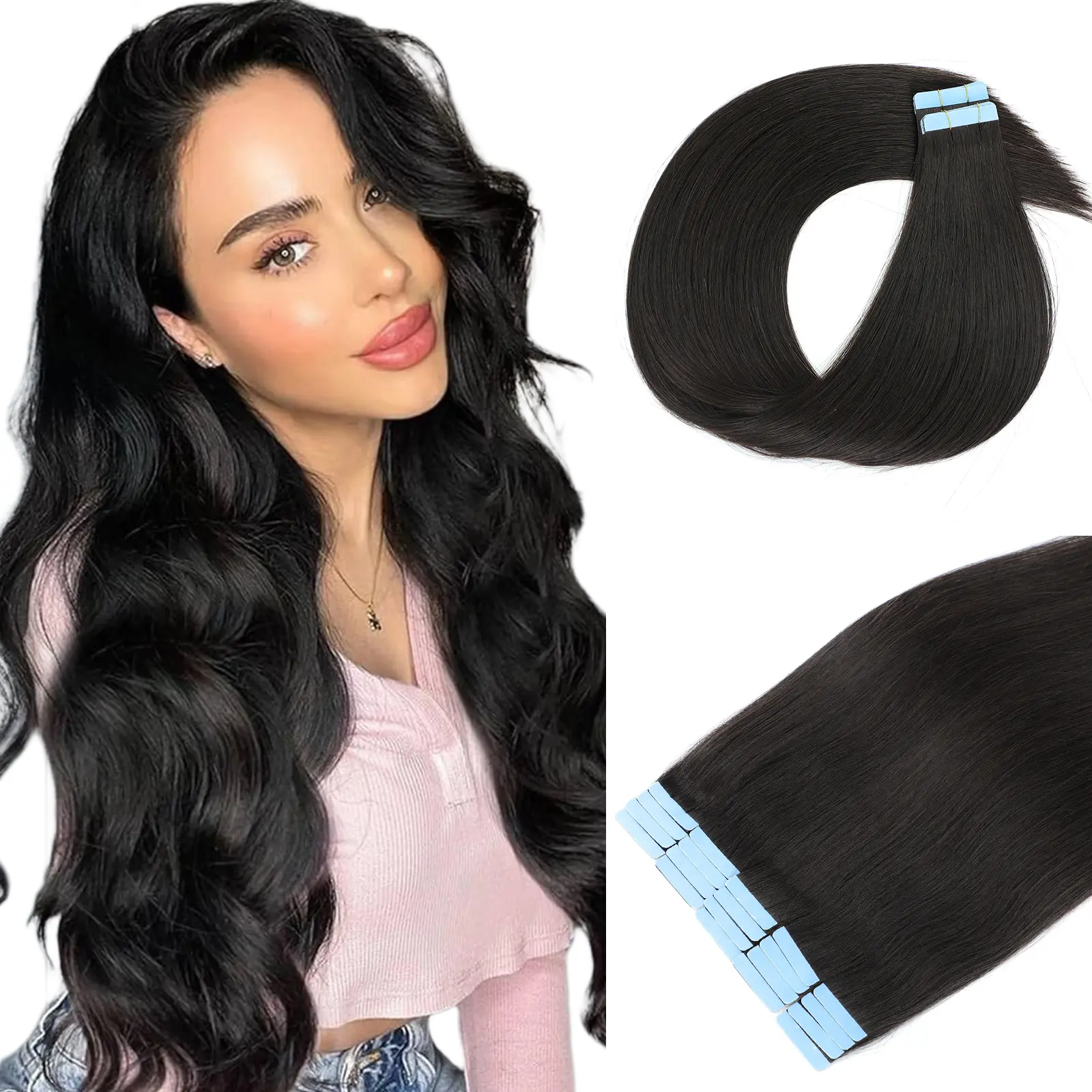 TOZOIE Tape in Hair Extensions Human Hair, 18 Inch Hair Extensions Real Human Hair Natural Black Tape in Straight Invisible Tape in Hair Extensions for Women (1B, 18 Inch)
