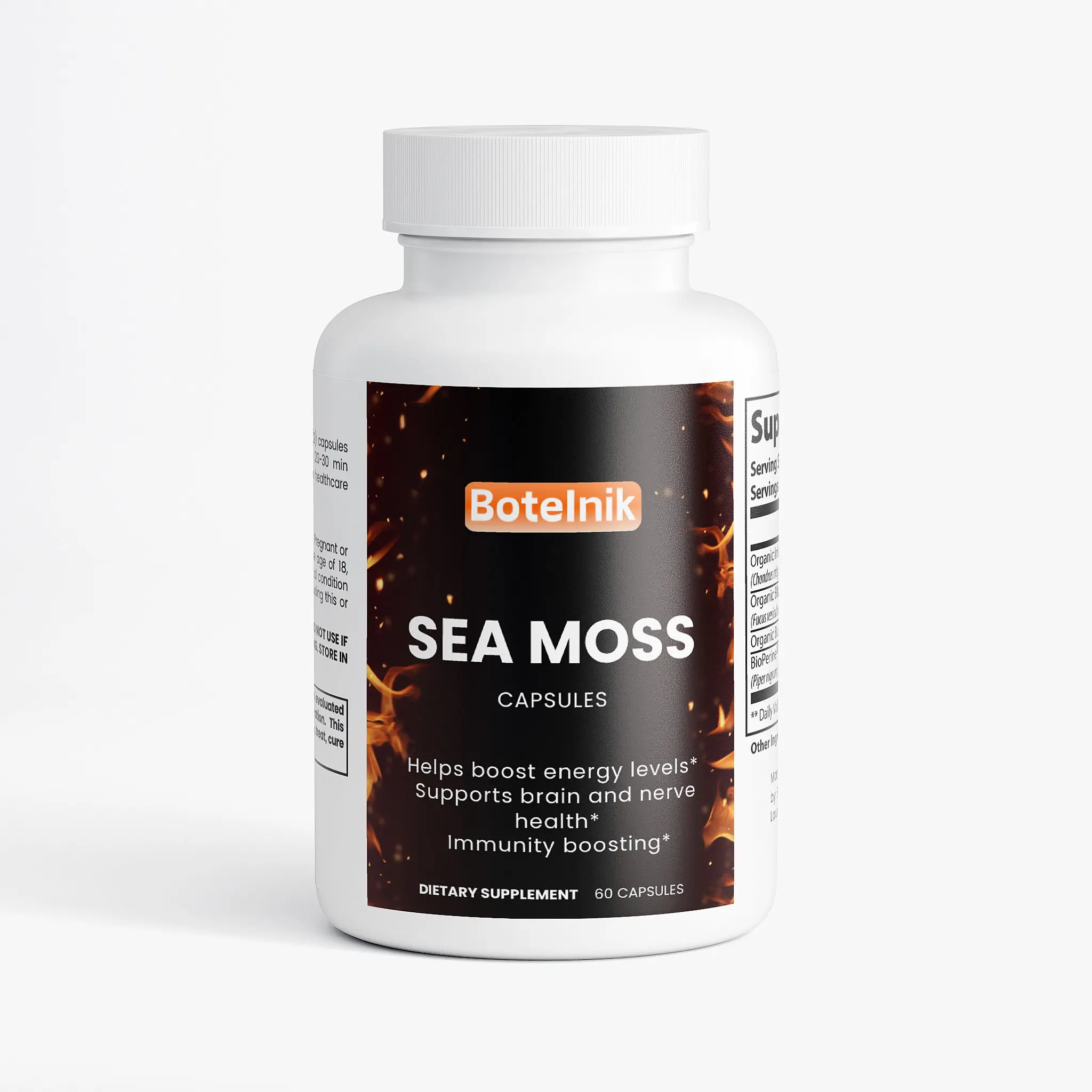Botelnik Organic Irish Sea Moss Healthcare Capsules with Pullulan, Bladderwrack, Burdock Root - 60 Edible Capsules, 0.25lb(113g), Natural Ingredients, Immune & Skin Health Support (Take 20-30 Min Before Meal)