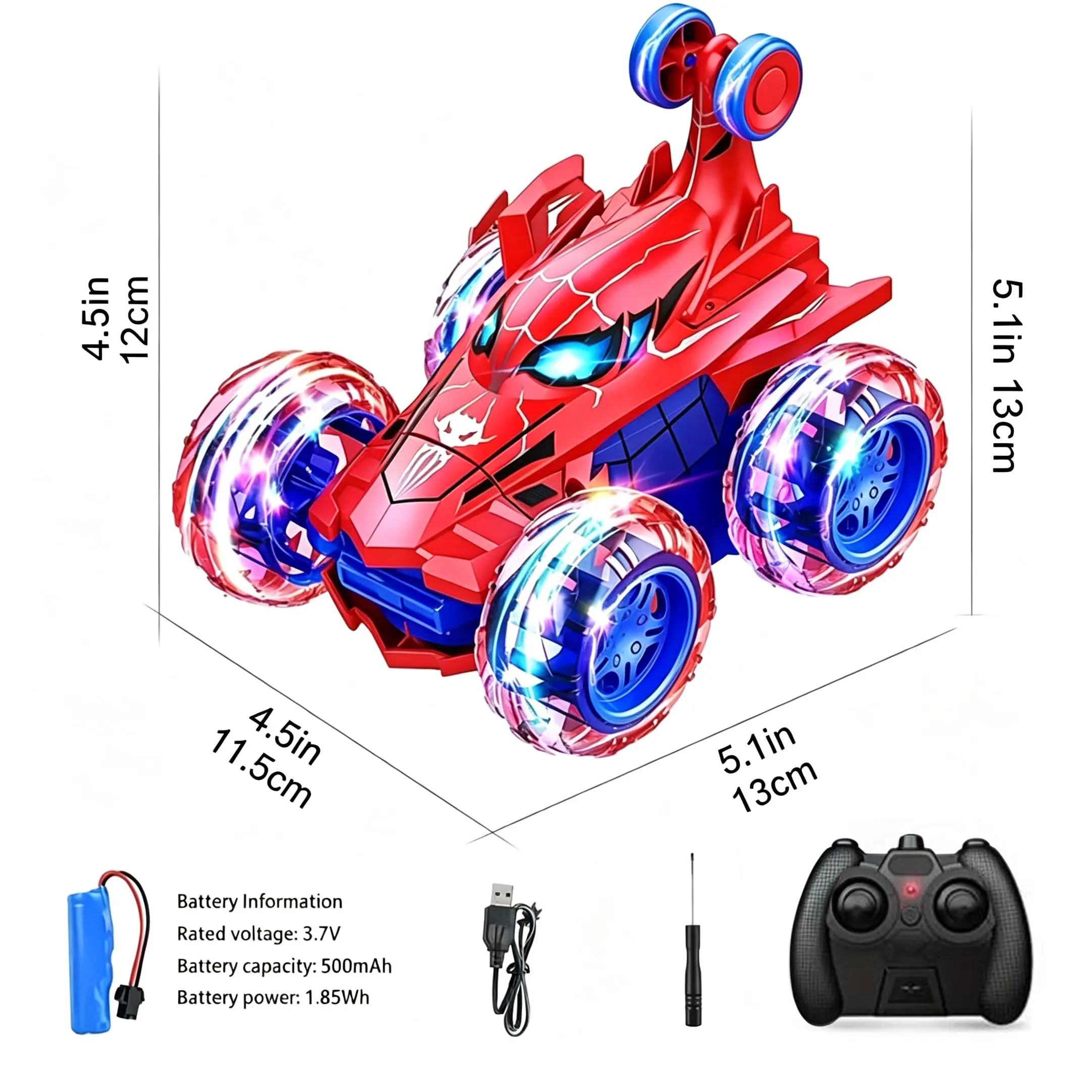 LED Light Up 4WD Spider RC Stunt Car, 360° Rotatable Flip Remote Control Toy Vehicle, USB Rechargeable RC Car, Perfect Birthday Christmas Gift for Kids Boys Girls,mater toy car kid,fun interactive toy,model collection gift,collectible model car