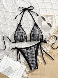 KULANI Sexy And Elegant Ladies' Beach Plaid Print Bikini 2 Pieces Set, For Summer Vacation